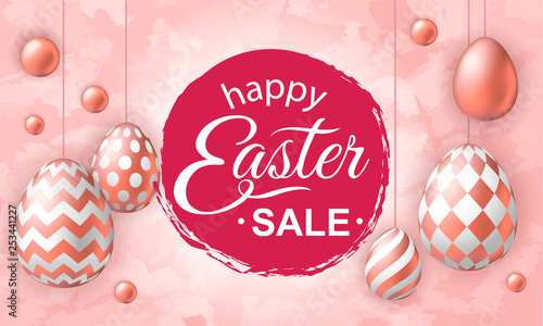 Happy Easter banner with realistic pink golden eggs on textured background. Template of 3d easter eggs with patten for card, invitation, sale, web, post. Greeting card trendy design
