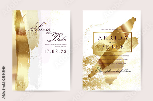 Luxury wedding invitation cards with gold texture and geometric pattern minimal style vector design template