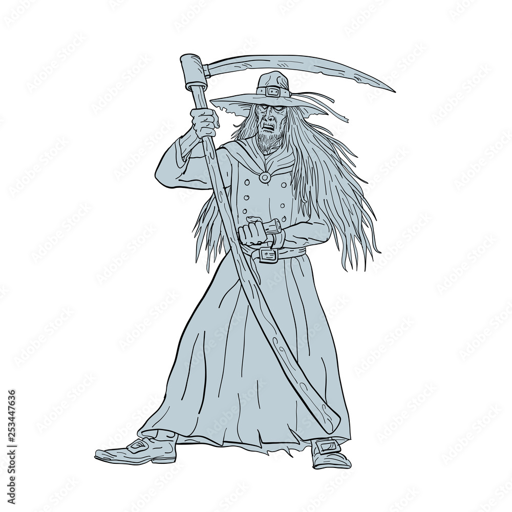 Drawing sketch style illustration of Ankou, henchman of Death, Celtic keeper of lost souls and graveyard watcher in Breton mythology with hat and scythe like the Grim Ripper on isolated background.