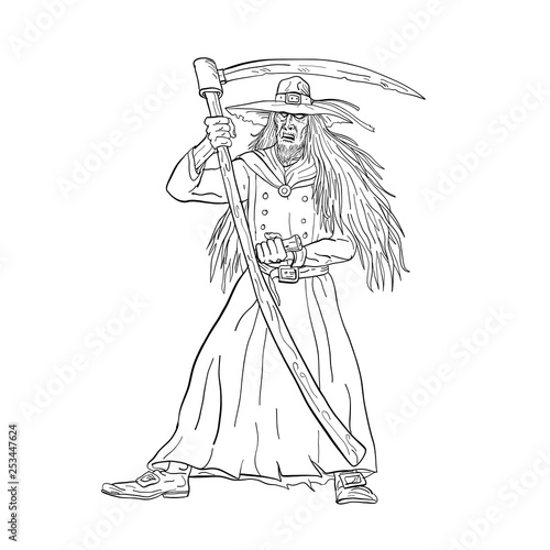 Drawing sketch style illustration of Ankou, henchman of Death, keeper of lost souls and graveyard watcher in Breton mythology with scythe like Grim Ripper on isolated background in black and white.