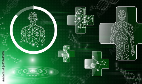 abstract background technology concept in green light,human body heal,technology modern medical science in future and global international medical with tests analysis clone DNA human