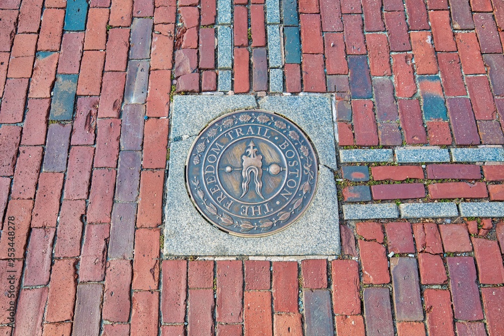 Bostom Freedom trail sign - a path through downtown Boston that passes locations significant to the history of the United States