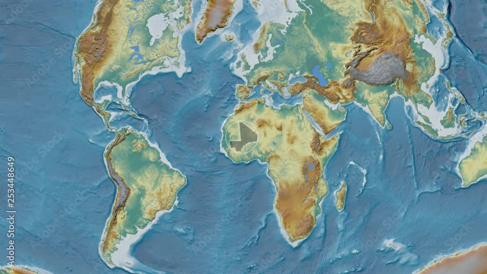Mali area presented against the global relief map in the Fahey projection with animated oblique transformation Mali area presented against the global relief map in the Fahey projection with animated oblique transformation