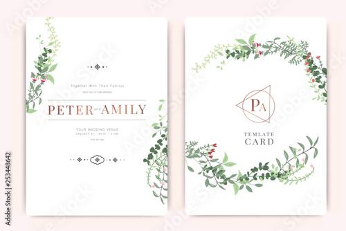 Wedding Invitation  floral invite thank you  rsvp modern card Design in summer leaf greenery  branches decorative Vector elegant rustic template