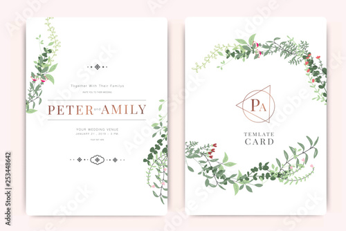 Wedding Invitation, floral invite thank you, rsvp modern card Design in summer leaf greenery  branches decorative Vector elegant rustic template