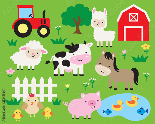 Cute farm animals vector illustration set including cow, horse, pig, llama, hen, chicken, duck, fish, sheep, barn, and tractor. Cute cartoon animals in a ranch.