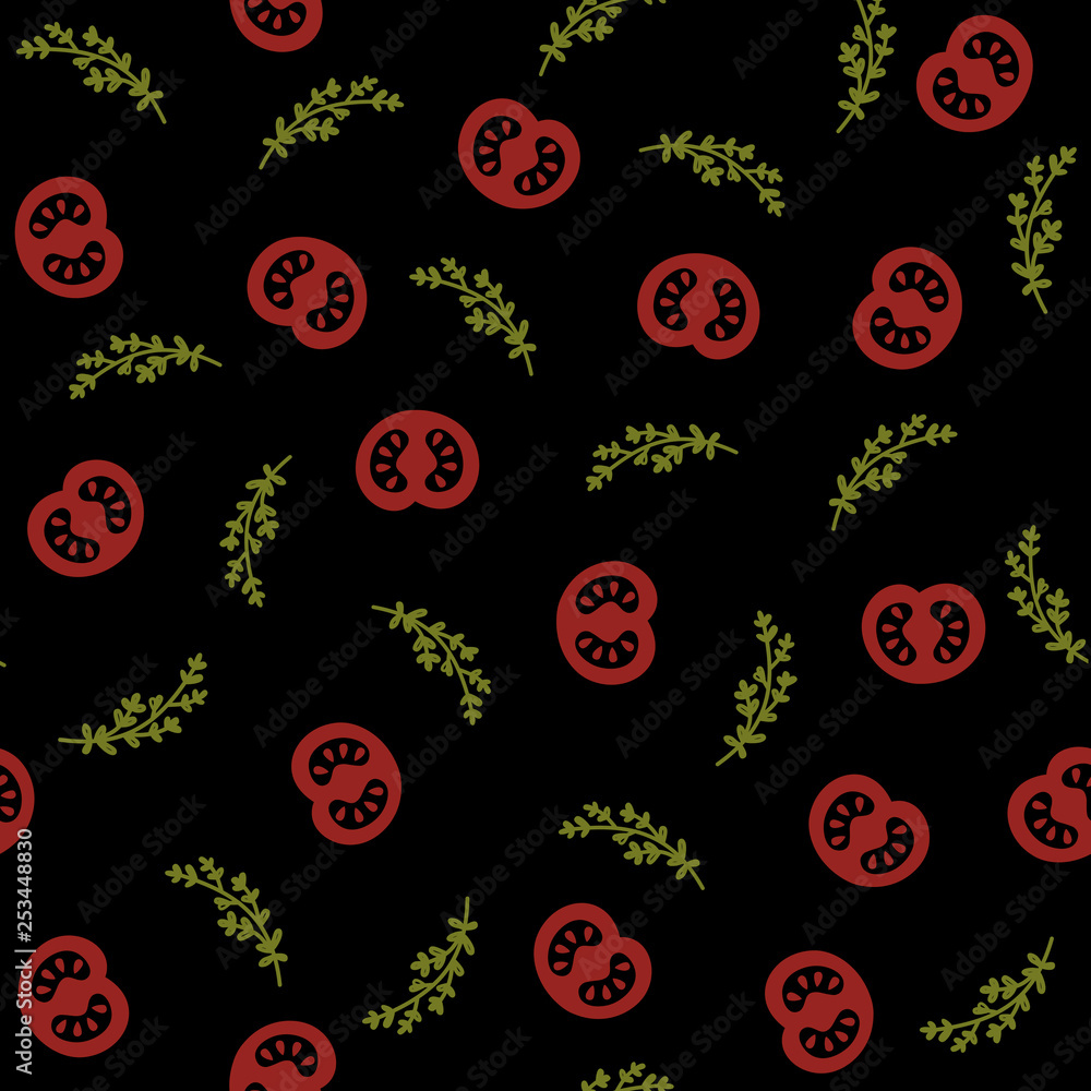 seamless pattern tomatoes and thyme dark background seamless pattern tomatoes and thyme dark background