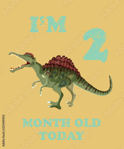 Vector baby milestone card for girl or boy.Today I'm two  month old. Illustration of a dinosaur.