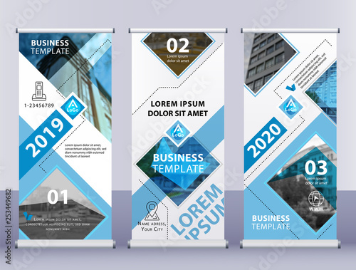 Roll up business banners. Vertical blue gray template vector Abstract background.