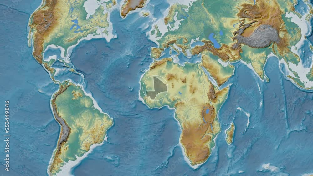 Mali area presented against the global relief map in the Kavrayskiy VII projection with animated oblique transformation Mali area presented against the global relief map in the Kavrayskiy VII projection with animated oblique transformation