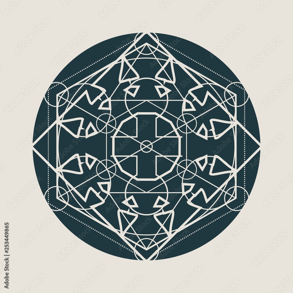 Mystical geometry symbol. Linear alchemy, occult, philosophical sign. For music album cover, poster, sacramental design. Astrology and religion concept. Mystical geometry symbol. Linear alchemy, occult, philosophical sign. For music album cover, poster, sacramental design. Astrology and religion concept.