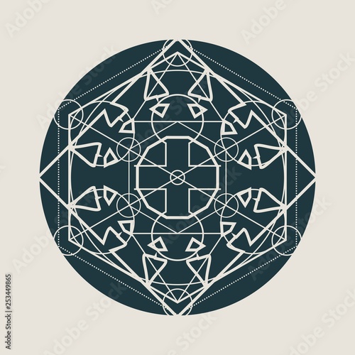 Mystical geometry symbol. Linear alchemy, occult, philosophical sign. For music album cover, poster, sacramental design. Astrology and religion concept.