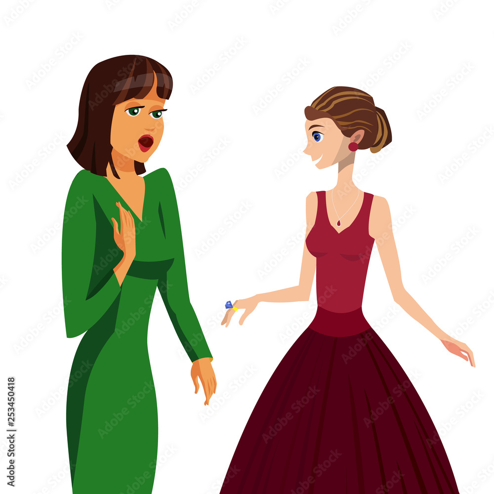 Woman showing Engagement Ring Vector Illustration