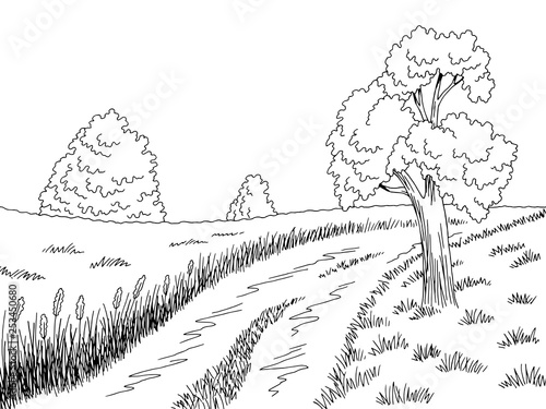 Rural road graphic black white landscape sketch illustration vector