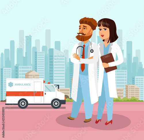 Confident Doctors at Hospital Flat Illustration