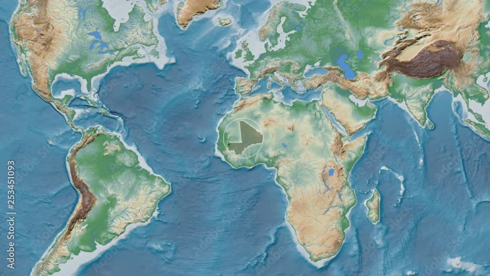 Mali area presented against the global physical map in the Patterson Cylindrical projection with animated oblique transformation Mali area presented against the global physical map in the Patterson Cylindrical projection with animated oblique transformation