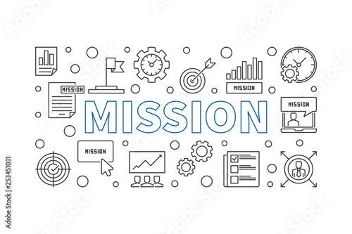 Mission outline illustration or banner. Vector business thin line icons in horizontal shape
