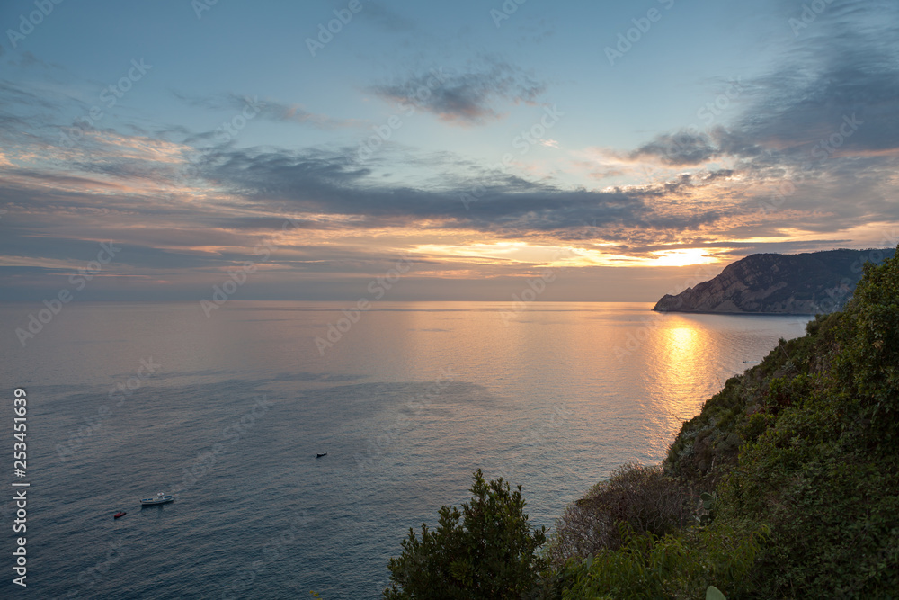 Sunset ovret thr Azure Trail in the cinque terre region of italy between Vernazza and Monterosso al Mare