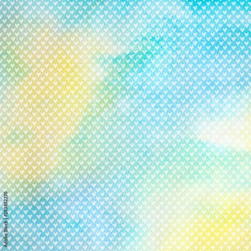 Blue watercolor background (pattern) with hearts. Hand drawn illustration. Blue watercolor background (pattern) with hearts. Hand drawn illustration.