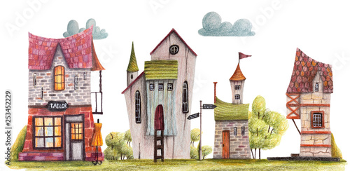 Colored pencils street with tailor's house,  houses. Hand drawn illustration.