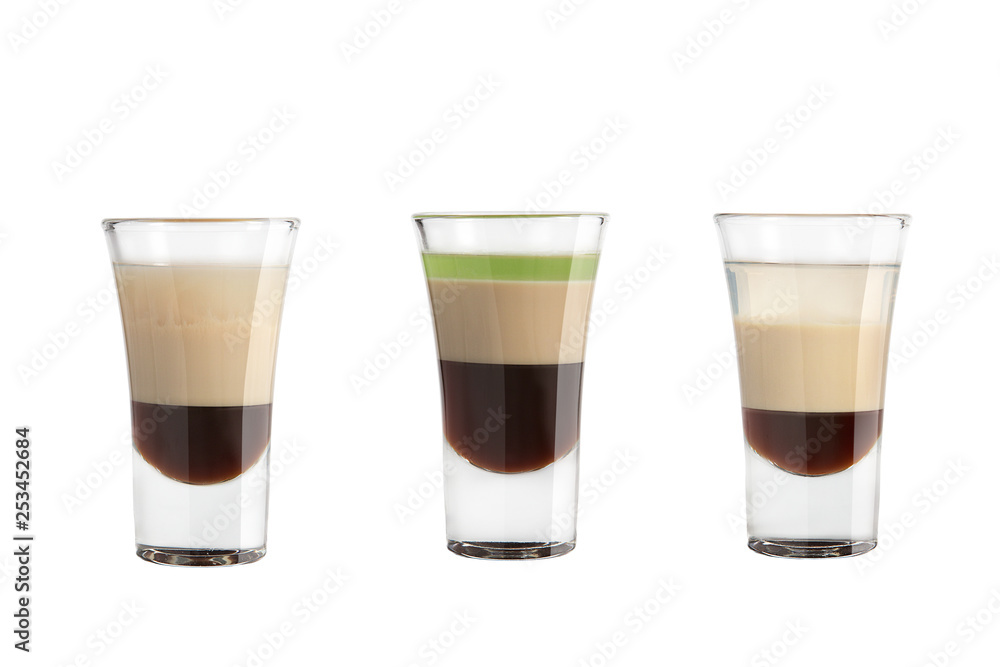 Alcohol shots on a white background. Three popular shots.