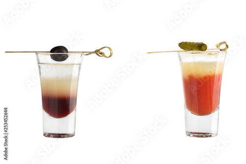 Alcohol shots on a white background. Two shots with decoration.