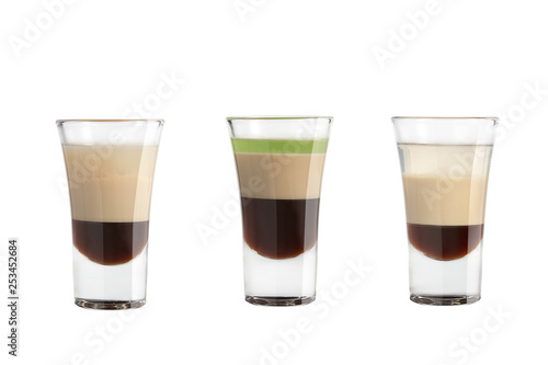 Alcohol shots on a white background. Three popular shots.