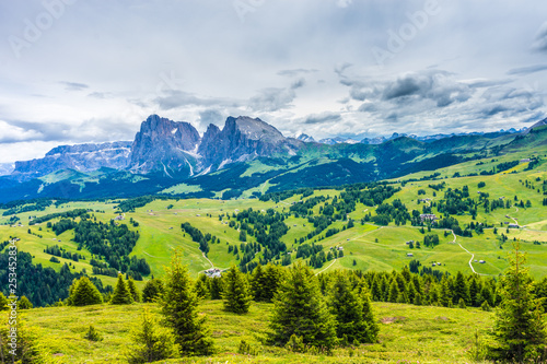 Alpe di Siusi, Seiser Alm with Sassolungo Langkofel Dolomite, lush green field in Seiser Alm Puflatsch Bullaccia © SkandaRamana