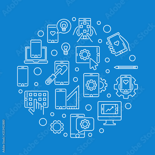 Mobile application development vector round white concept outline illustration with blue background