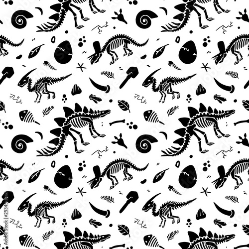 Dinosaur skeleton and fossils. Vector seamless pattern. Original design with dinosaur bones, stones, traces, plants and eggs. Print for T-shirts, textiles, web. White background.