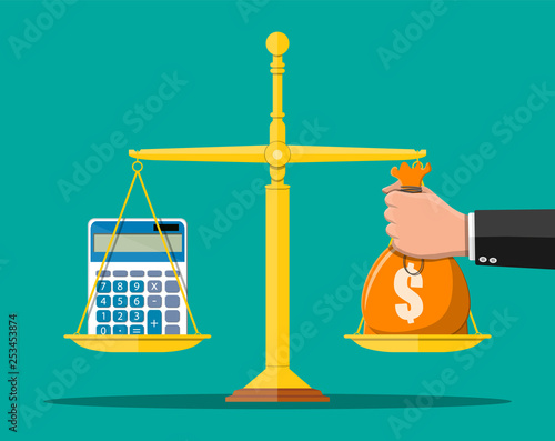 Money balance concept. Hand with money bag, calculator, scales. Financial reports statement and documents. Accounting, bookkeeping, debit and credit calculations. Vector illustration in flat style