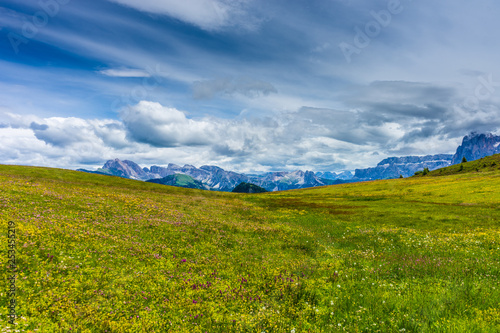Alpe di Siusi, Seiser Alm with Sassolungo Langkofel Dolomite, a large green field under a cloudy blue sky