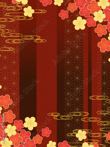 和柄　梅と観世水の背景素材・縦/赤