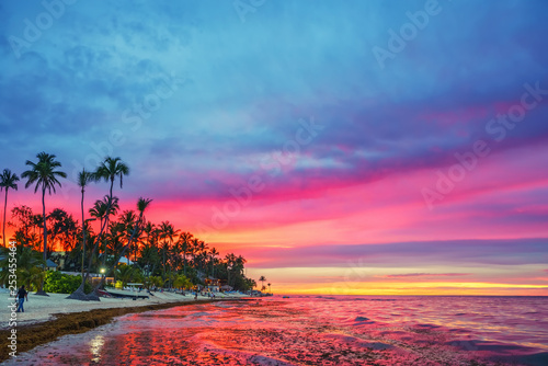 Fototapeta Naklejka Na Ścianę i Meble -  Vibrant sunset over tropical beach and palm trees in Dominican republic