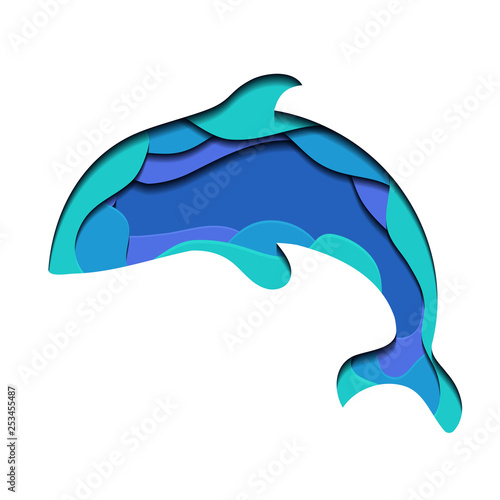 Illustration of silhouette of grampus with 3d element cut out of paper in blue colors. Killer whale.