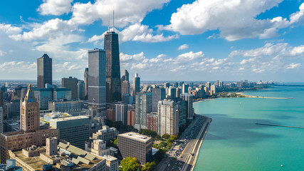 Chicago skyline aerial drone view from above, city of Chicago downtown skyscrapers and lake Michigan cityscape, Illinois, USA