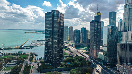 Chicago skyline aerial drone view from above, city of Chicago downtown skyscrapers and lake Michigan cityscape, Illinois, USA