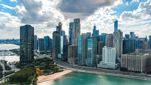 Chicago skyline aerial drone view from above, city of Chicago downtown skyscrapers and lake Michigan cityscape, Illinois, USA © Iuliia Sokolovska