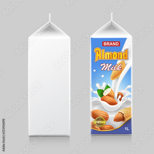 Almond milk in paper package box, Cardboard pack and beverage with liquid splash and nuts, vector illustration