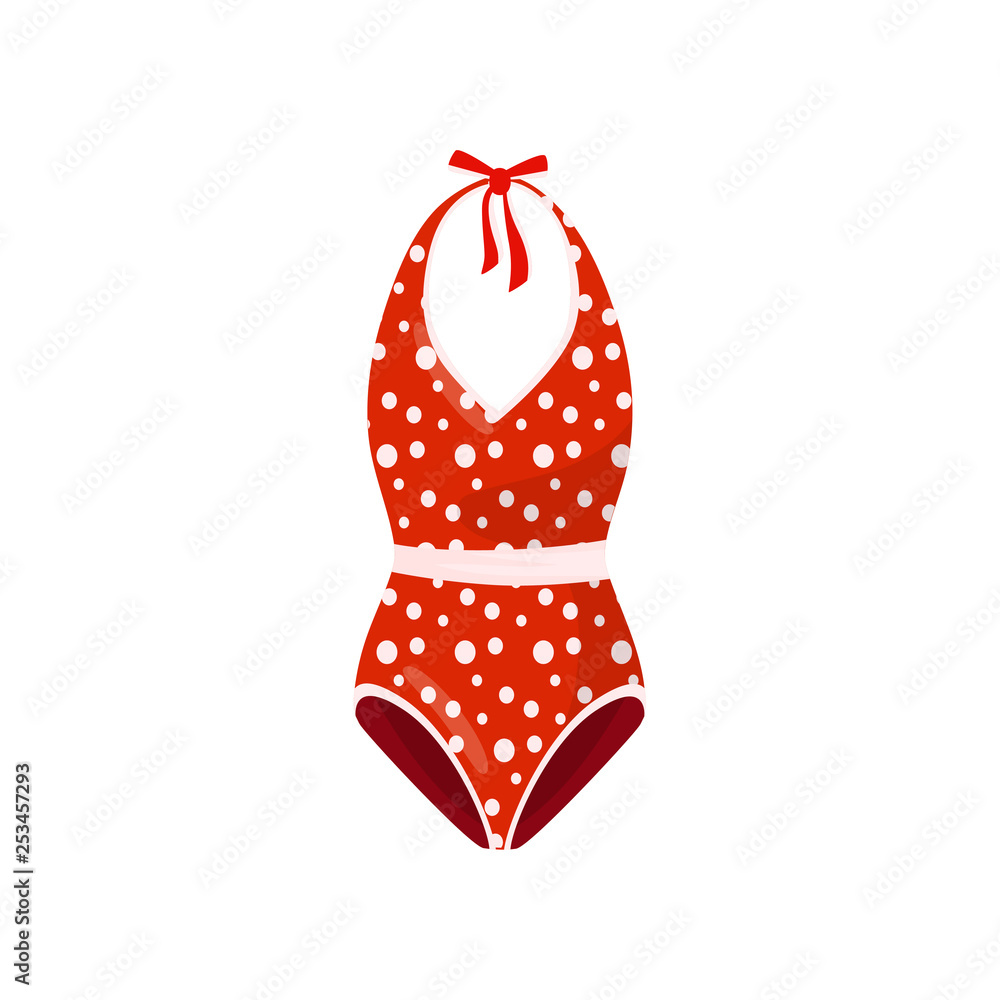 Bright red one-piece swimsuit with polka-dot pattern. Trendy bathing suit. Women garment for swimming. Flat vector icon - obrazy, fototapety, plakaty 