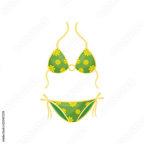 Flat vector icon of green two-piece swimsuit with yellow floral pattern. Trendy bikini. Women clothing for swimming