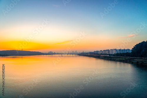Sunrise at Hun River take picture from Airport Railroad Express  AREX  between Seoul to Incheon Airport   Seoul in South Korea.