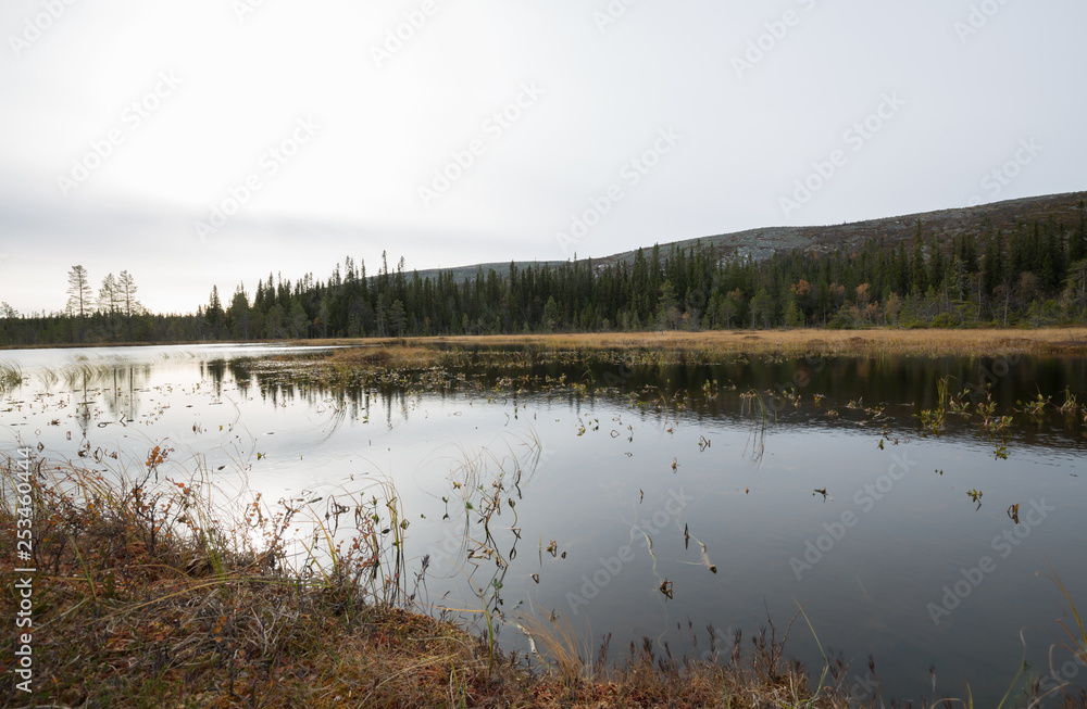 Calm lake in early autum in the northern of dalarna, sweden. Mountain in the background.