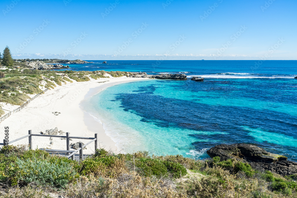 Pinky Beach is a popular beach on Rottnest Island. Crystal clear water during beautiful day on Rottnest Island, Perth, Western Australia.