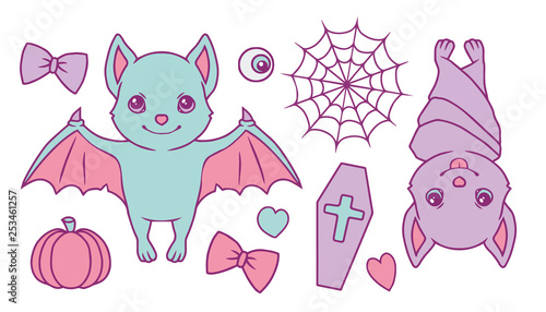 Cute cartoon vector collection set with pastel colored Halloween bats, spiderweb, pumpkin, coffin, hearts, eyeball and ribbon 