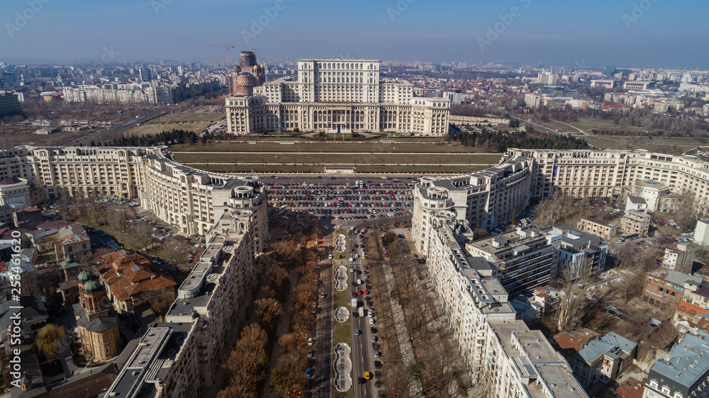 Bucharest city scape with a busy boulevard on a sunny day