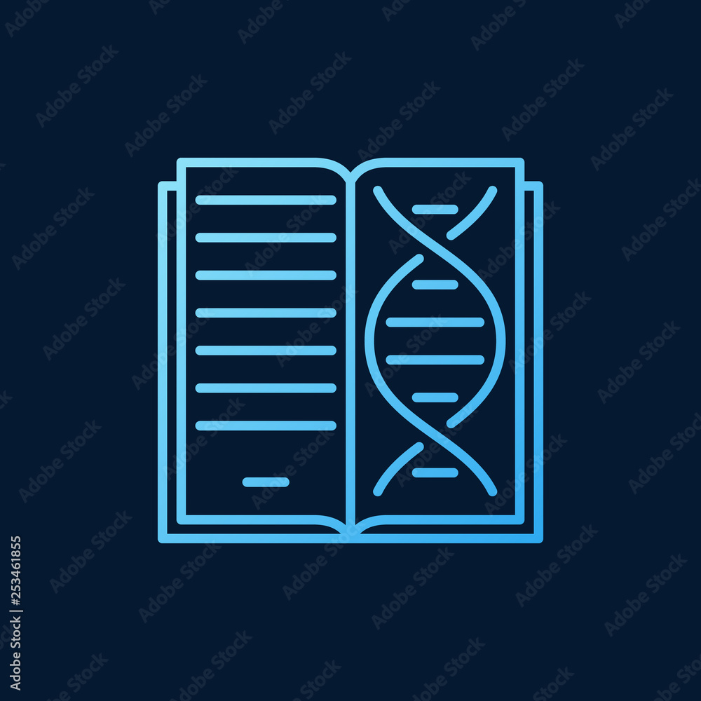 Fototapeta premium Book with DNA vector Genetics outline blue icon or symbol on dark background