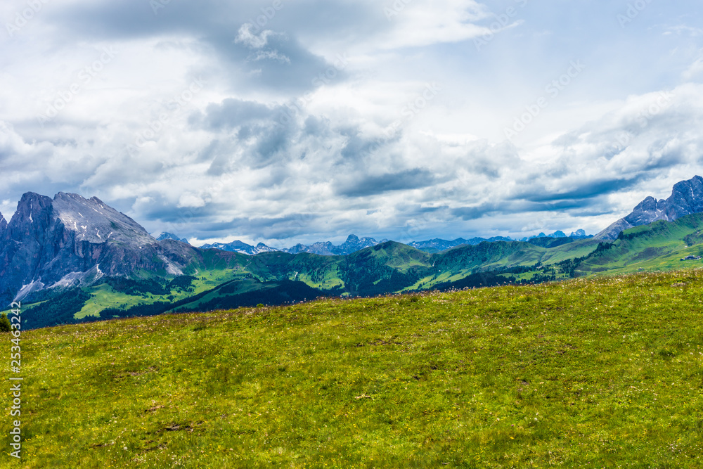 Fototapeta premium Alpe di Siusi, Seiser Alm with Sassolungo Langkofel Dolomite, a large green field with a mountain in the background