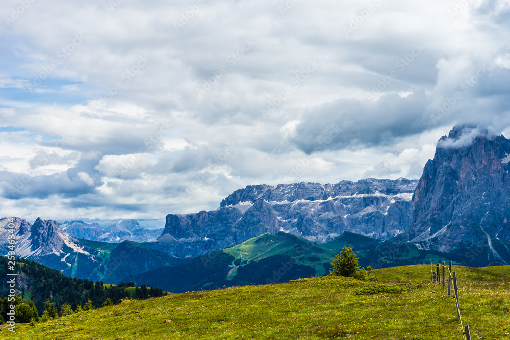 Alpe di Siusi, Seiser Alm with Sassolungo Langkofel Dolomite, a large green field with a mountain in the background