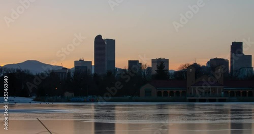 Denver Colorado Sunset From City Park Ferril Lake Skyscrapers Mountains photo